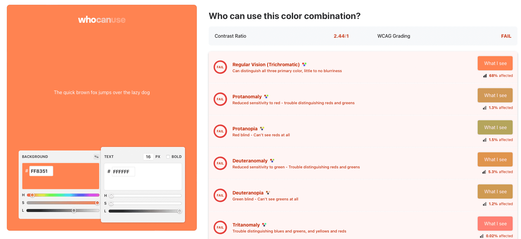 A screenshot showing how an often-used color combination fails every accessibility test. 